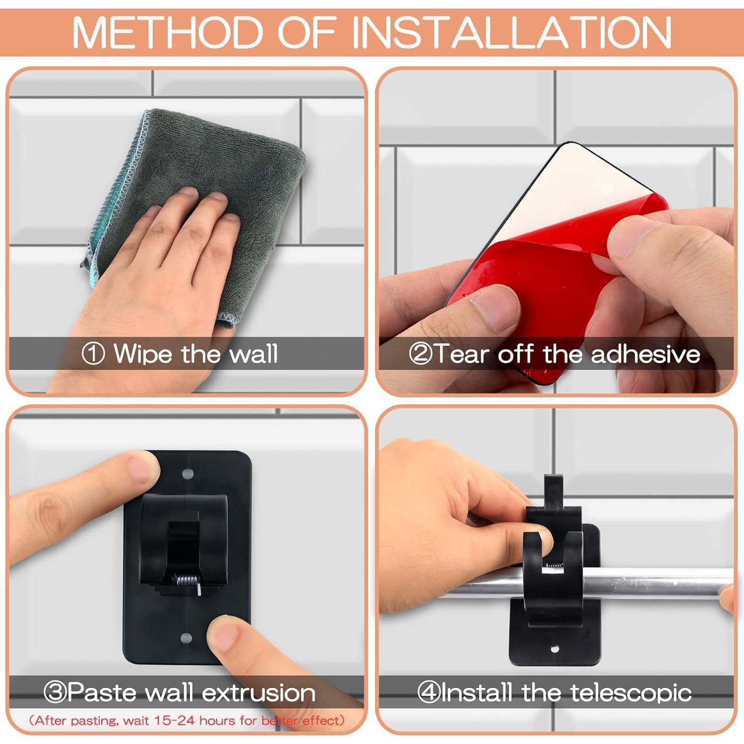 CIEMGNZOC 4 PCS Curtain Rod Bracket Holder, Universal Self Adhesive Wall Mount fits Support Curtain 0.6'' to 1.5'' Curtain Rod, Curtain Rod Hooks for Bathroom Kitchen(Curtain Rod Not Included)(Black)