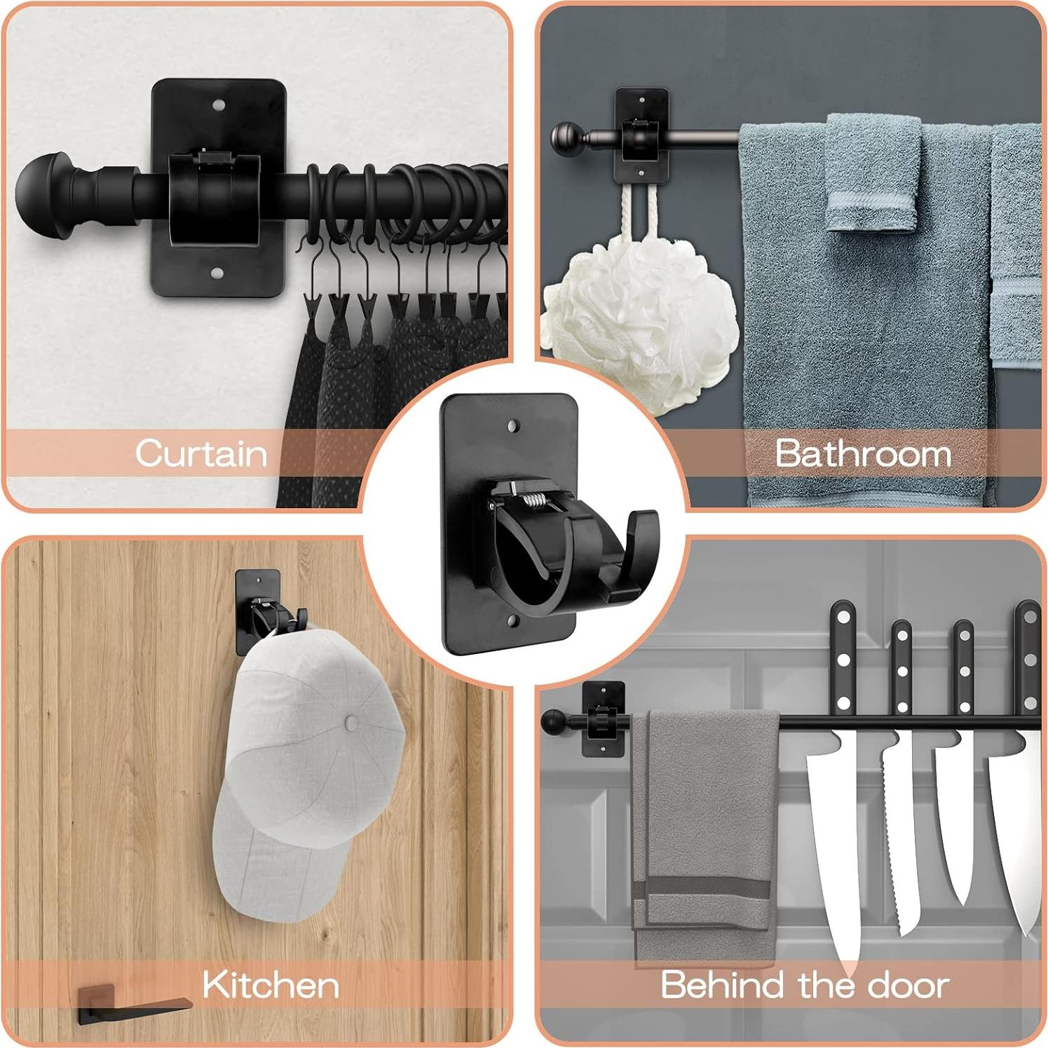 CIEMGNZOC 4 PCS Curtain Rod Bracket Holder, Universal Self Adhesive Wall Mount fits Support Curtain 0.6'' to 1.5'' Curtain Rod, Curtain Rod Hooks for Bathroom Kitchen(Curtain Rod Not Included)(Black)