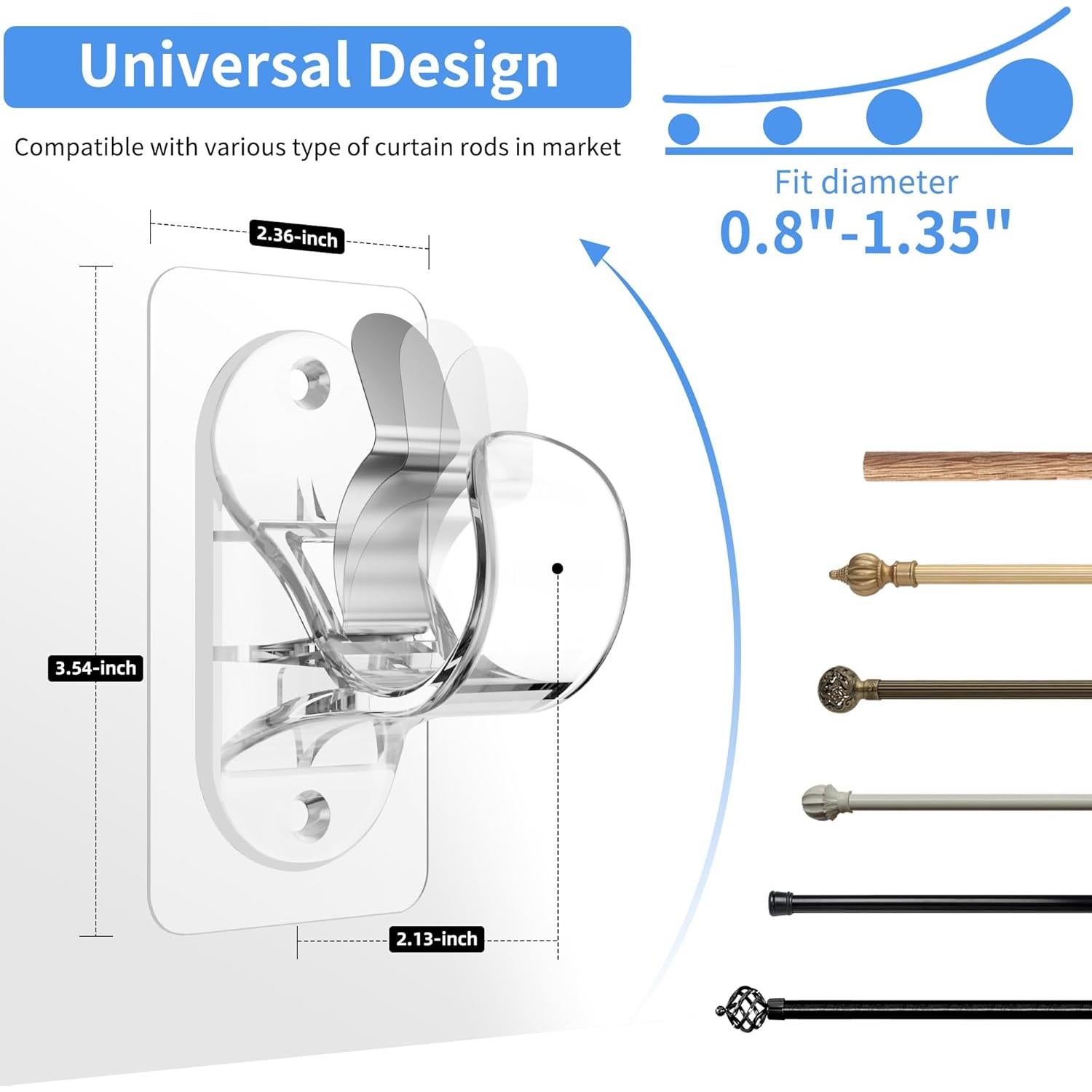 ANDGOO 10 Pack Adhesive Curtain Rod Bracket, No Drilling, No Nail, No Tool Need, Heavy Duty Stick on Curtain Rod Holder Hangers Bedroom, Bathroom, Livingroom, Kitchen, Transparent