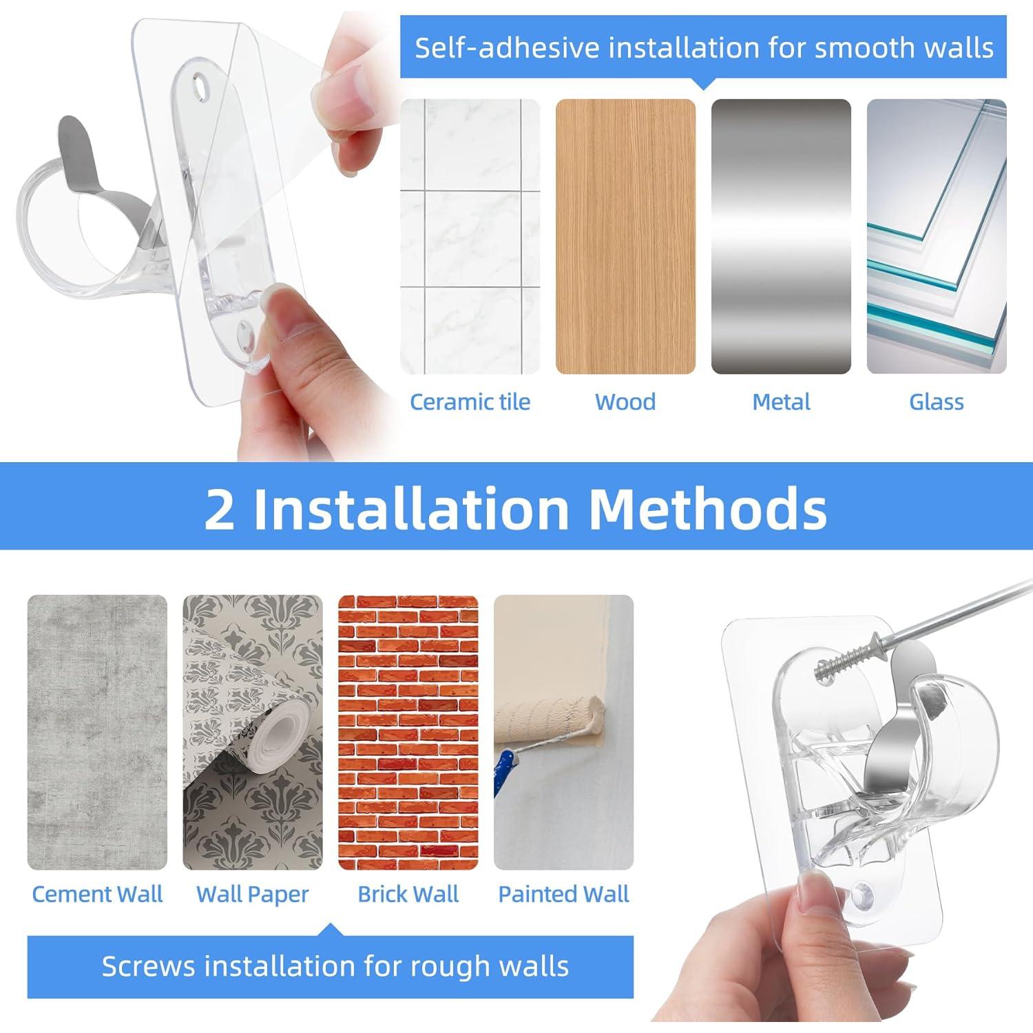 ANDGOO 10 Pack Adhesive Curtain Rod Bracket, No Drilling, No Nail, No Tool Need, Heavy Duty Stick on Curtain Rod Holder Hangers Bedroom, Bathroom, Livingroom, Kitchen, Transparent