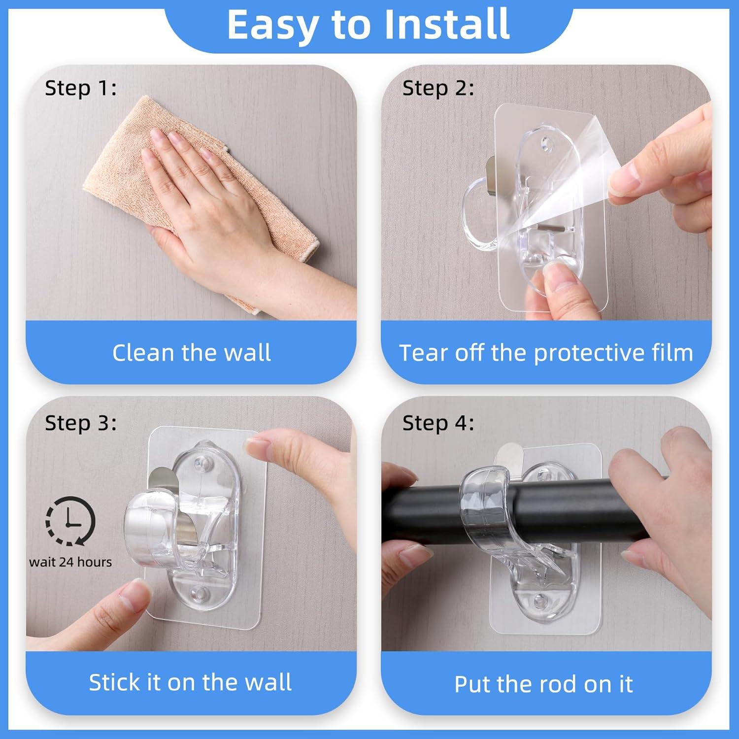 ANDGOO 10 Pack Adhesive Curtain Rod Bracket, No Drilling, No Nail, No Tool Need, Heavy Duty Stick on Curtain Rod Holder Hangers Bedroom, Bathroom, Livingroom, Kitchen, Transparent