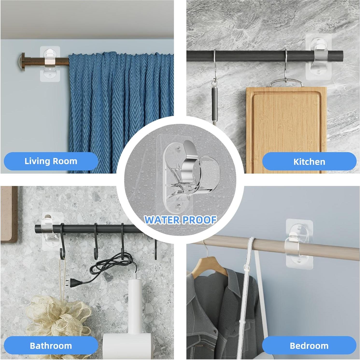 ANDGOO 10 Pack Adhesive Curtain Rod Bracket, No Drilling, No Nail, No Tool Need, Heavy Duty Stick on Curtain Rod Holder Hangers Bedroom, Bathroom, Livingroom, Kitchen, Transparent