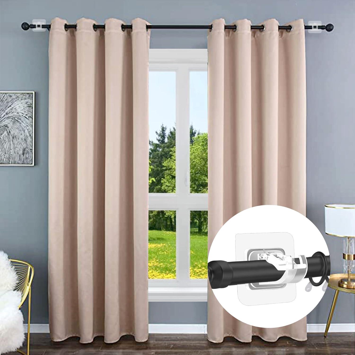 Codoule 2PCS No Drill Curtain Rod Brackets No Drilling Curtain Rod Holders Self Adhesive Curtain Rod Hooks Nail Free Adjustable Curtain Hangers,Non Screw Damage Stick On Drapery Rod Bracket for Wall