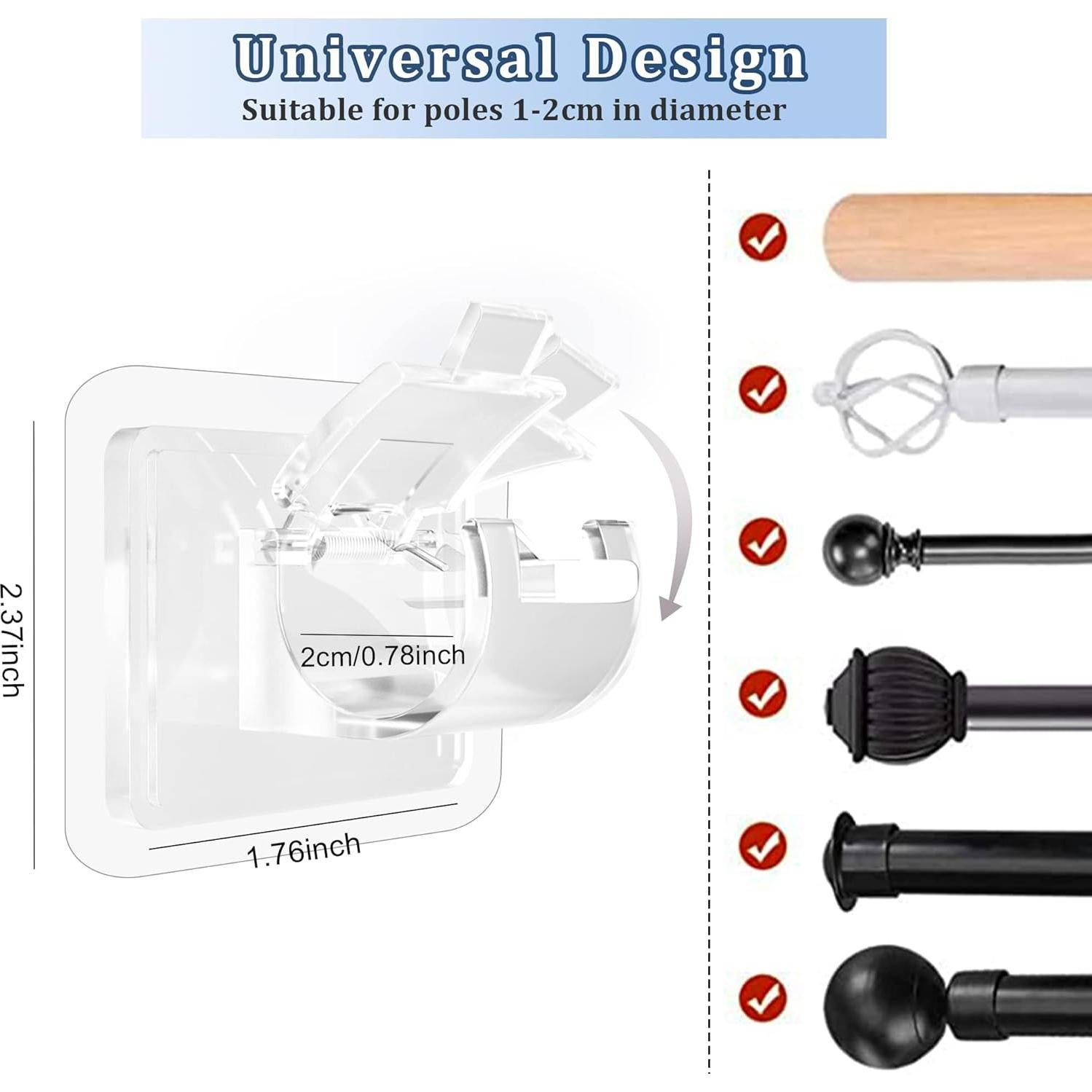 Codoule 2PCS No Drill Curtain Rod Brackets No Drilling Curtain Rod Holders Self Adhesive Curtain Rod Hooks Nail Free Adjustable Curtain Hangers,Non Screw Damage Stick On Drapery Rod Bracket for Wall