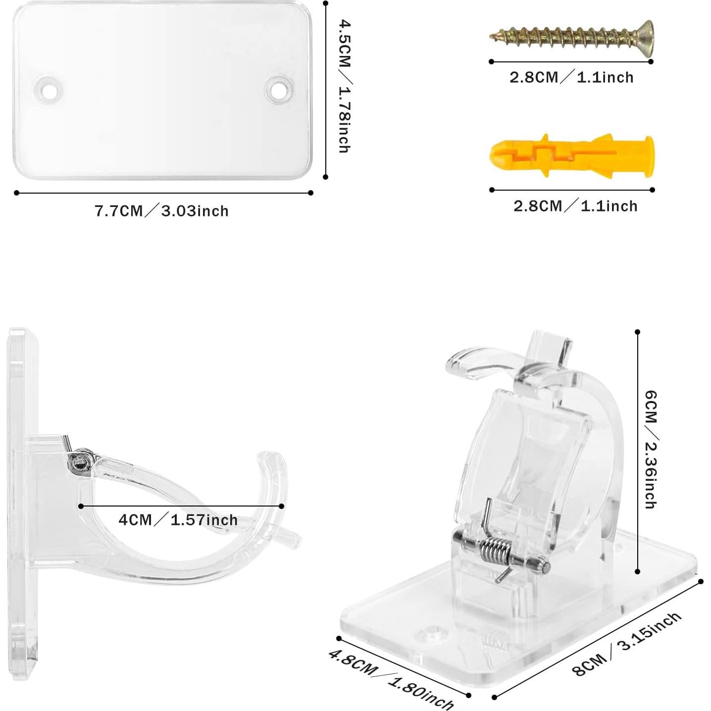 4pcs Transparent Upgraded No Drill Curtain Rod Brackets Universal Self Adhesive Wall Mounts fits 0.6'' to 1.5'' Rod