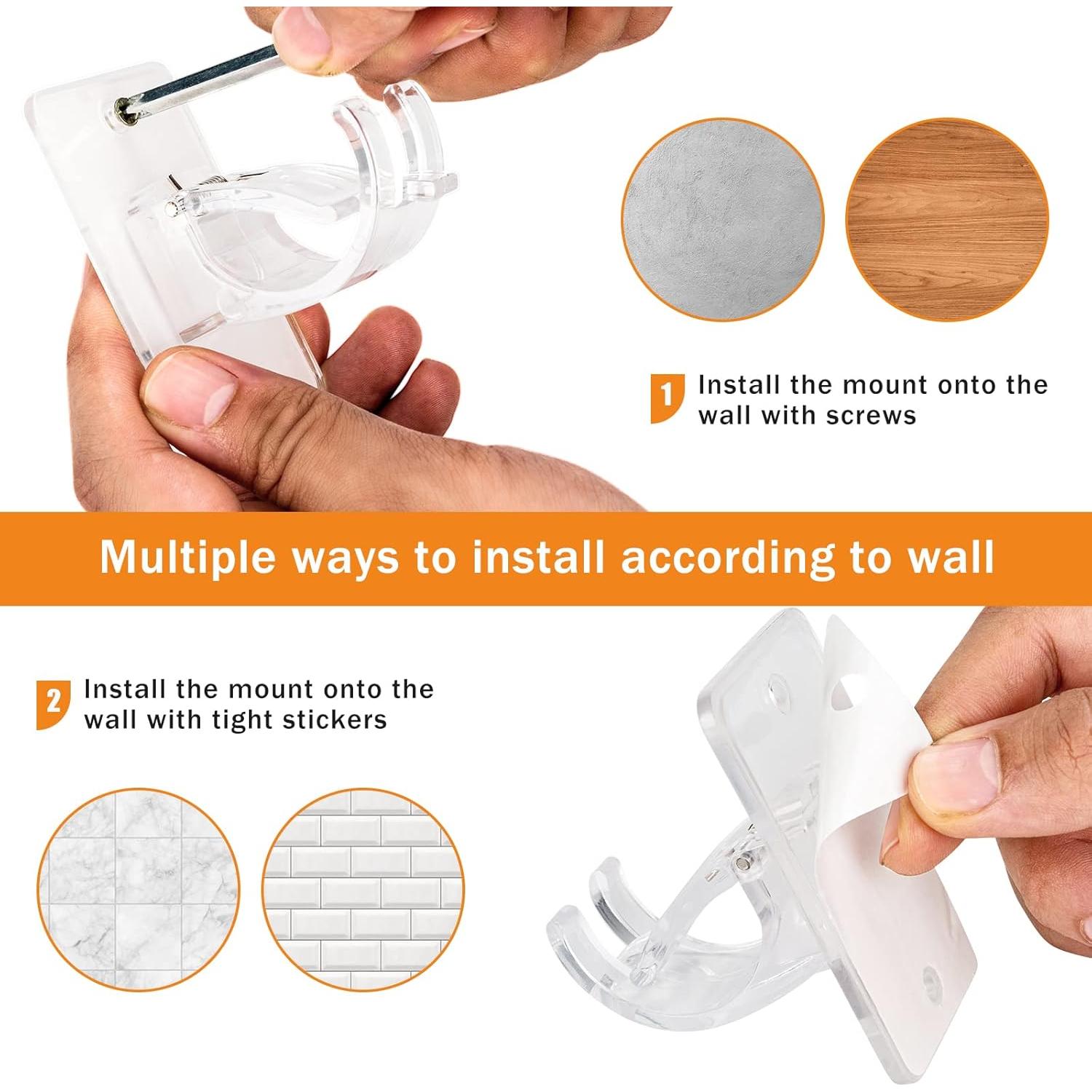 4pcs Transparent Upgraded No Drill Curtain Rod Brackets Universal Self Adhesive Wall Mounts fits 0.6'' to 1.5'' Rod