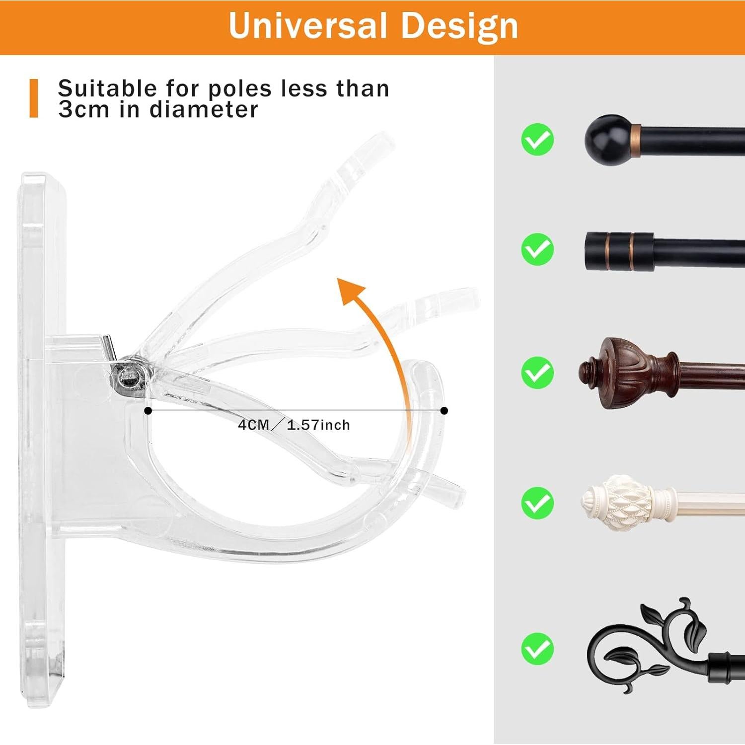 4pcs Transparent Upgraded No Drill Curtain Rod Brackets Universal Self Adhesive Wall Mounts fits 0.6'' to 1.5'' Rod