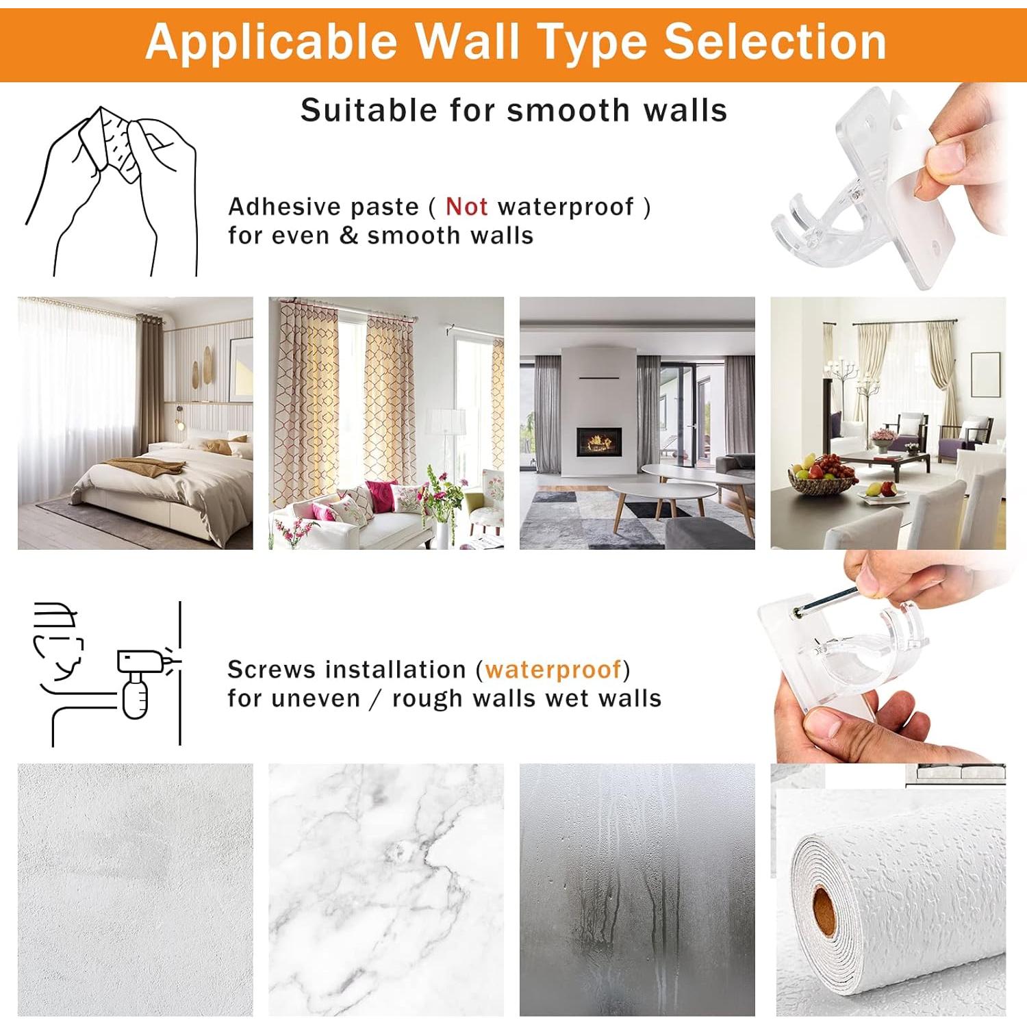 4pcs Transparent Upgraded No Drill Curtain Rod Brackets Universal Self Adhesive Wall Mounts fits 0.6'' to 1.5'' Rod