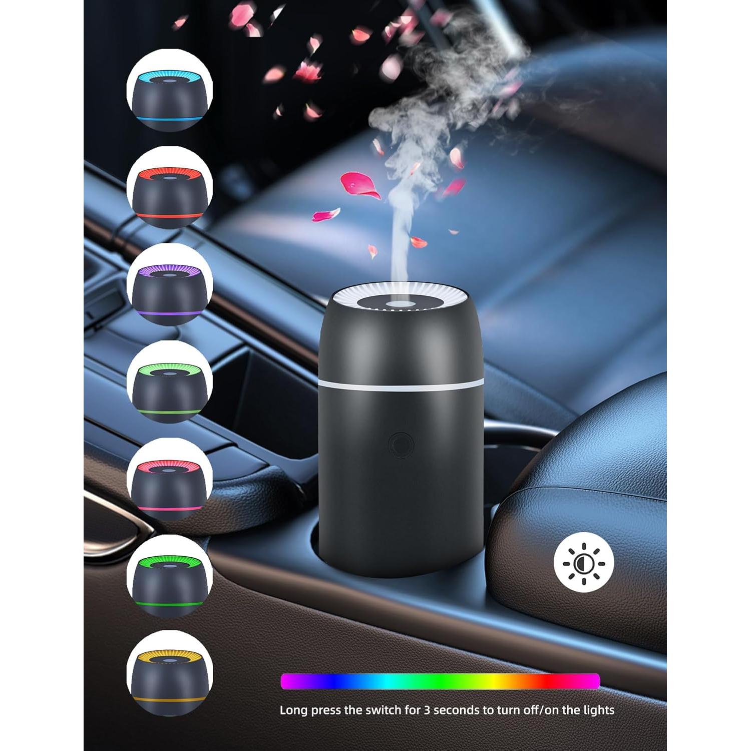 Car Diffuser for Essential Oils Portable Mini Ultrasonic Mist Humidifier 100ml USB Aromatherapy Diffuser Freshener with Colorful Lights for Small Space Home Office Bedroom (Black)
