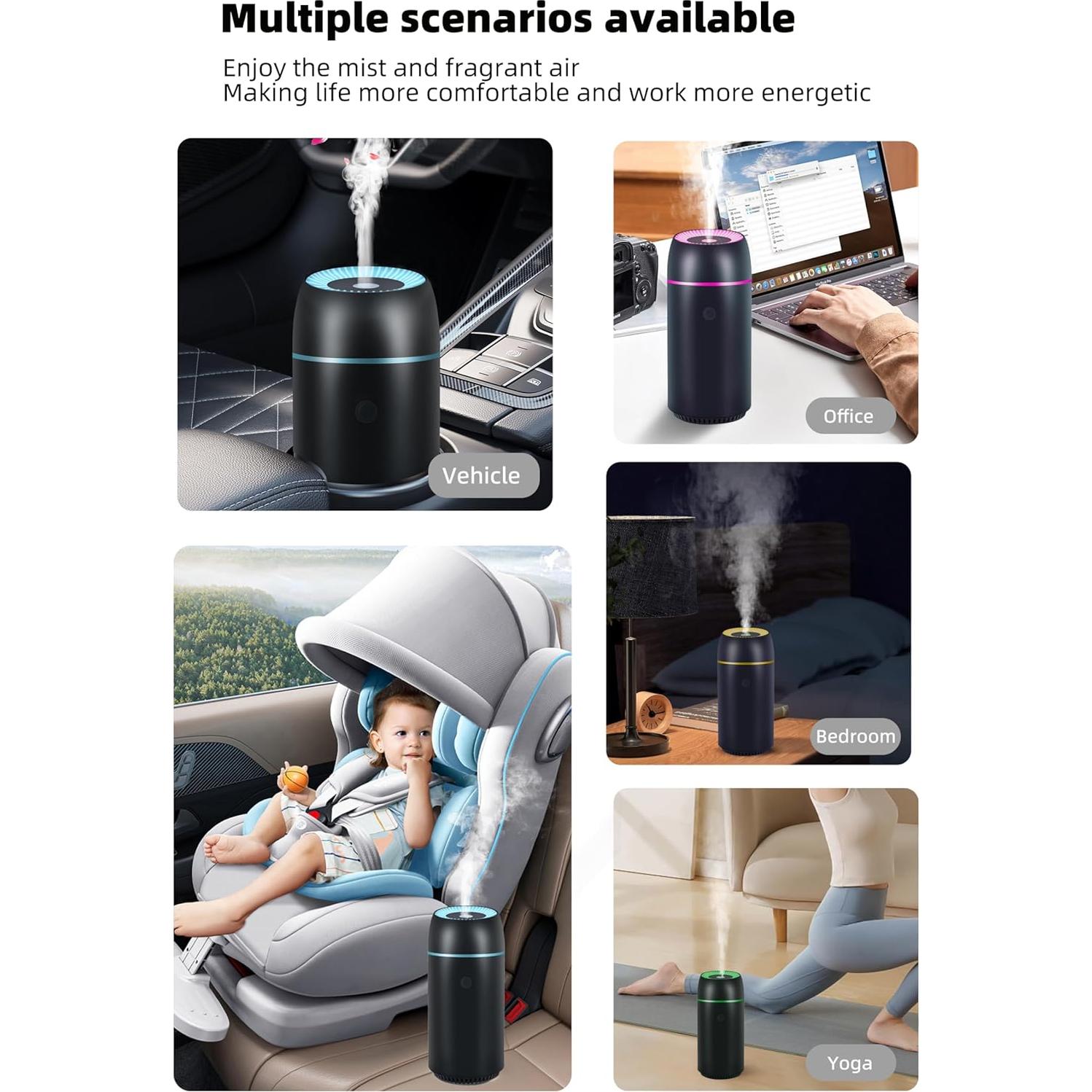 Car Diffuser for Essential Oils Portable Mini Ultrasonic Mist Humidifier 100ml USB Aromatherapy Diffuser Freshener with Colorful Lights for Small Space Home Office Bedroom (Black)