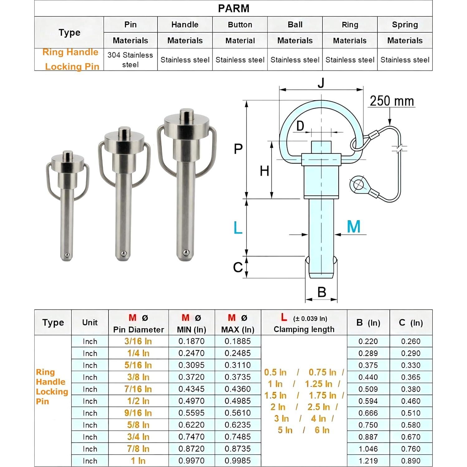 Pasador de Bloqueo de Bola XINYU Acero Inoxidable 1,27 cm