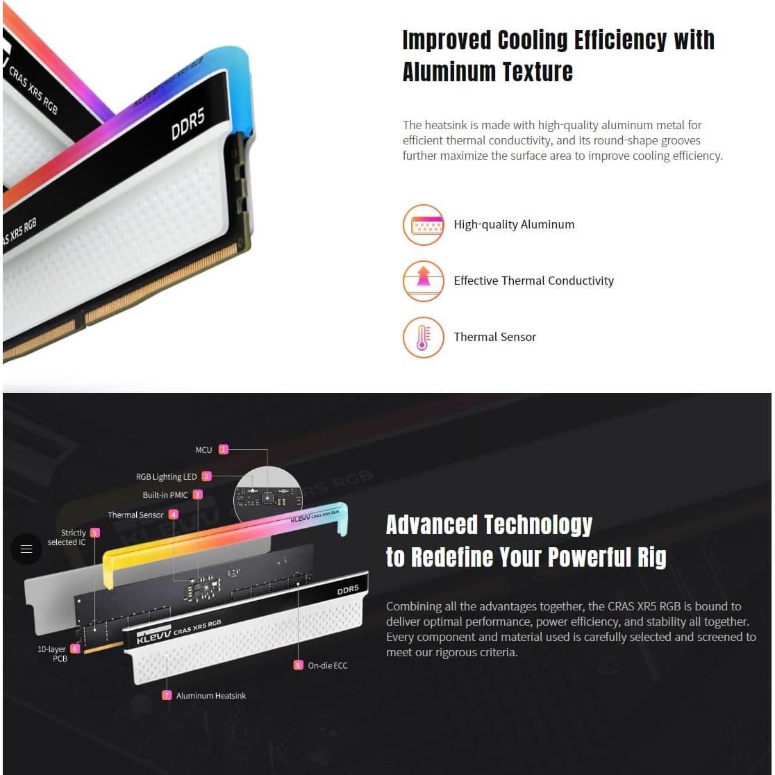 KLEVV CRAS XR5 RGB DDR5 32GB (2x16GB) 7000MHz CL36 A-DIE 1.4V Gaming Desktop Ram Memory SK Hynix Chip XMP 3.0 Ready (KD5AGUA80-70B360S)