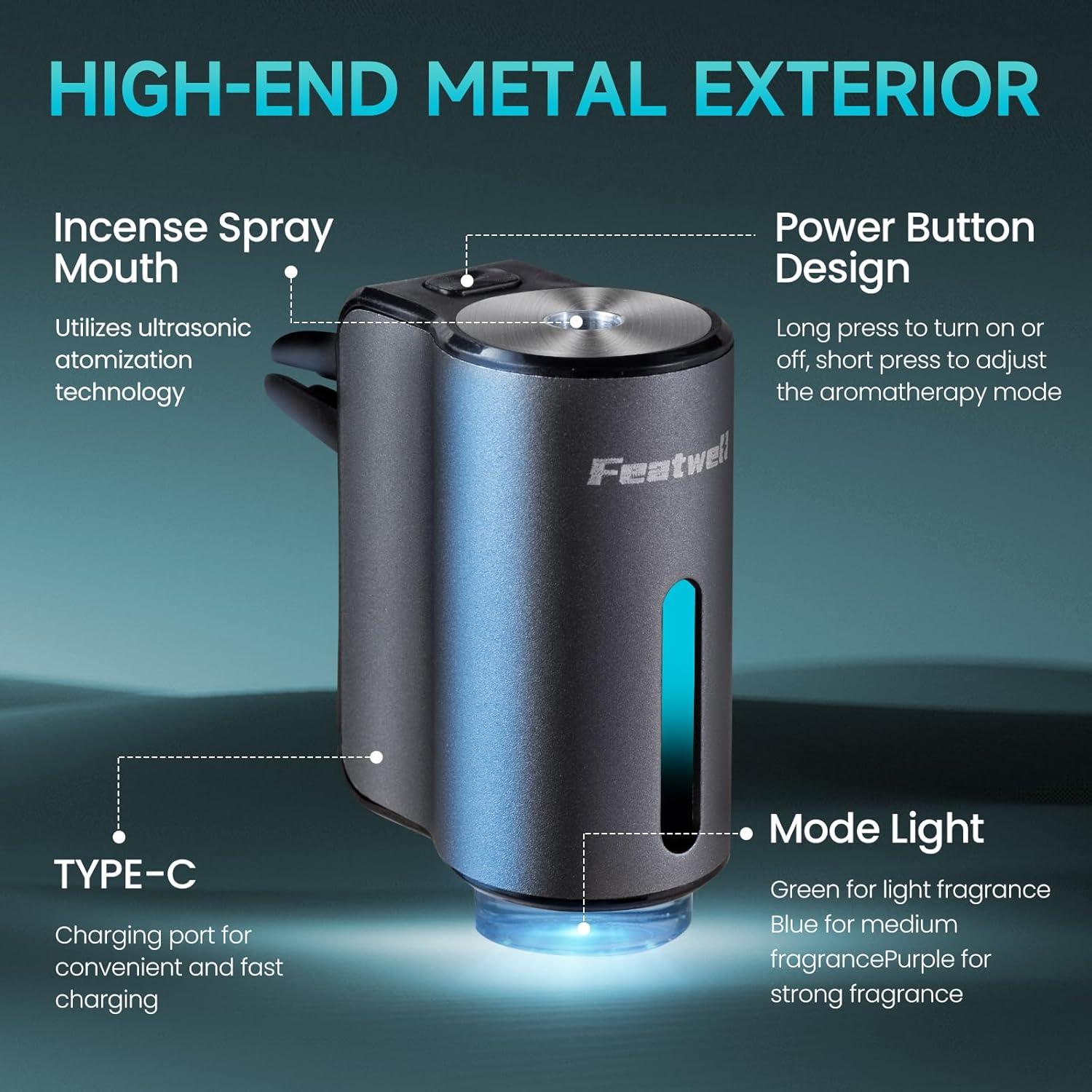 Ambientador de coche Featwell Gris, difusor recargable, 3 modos