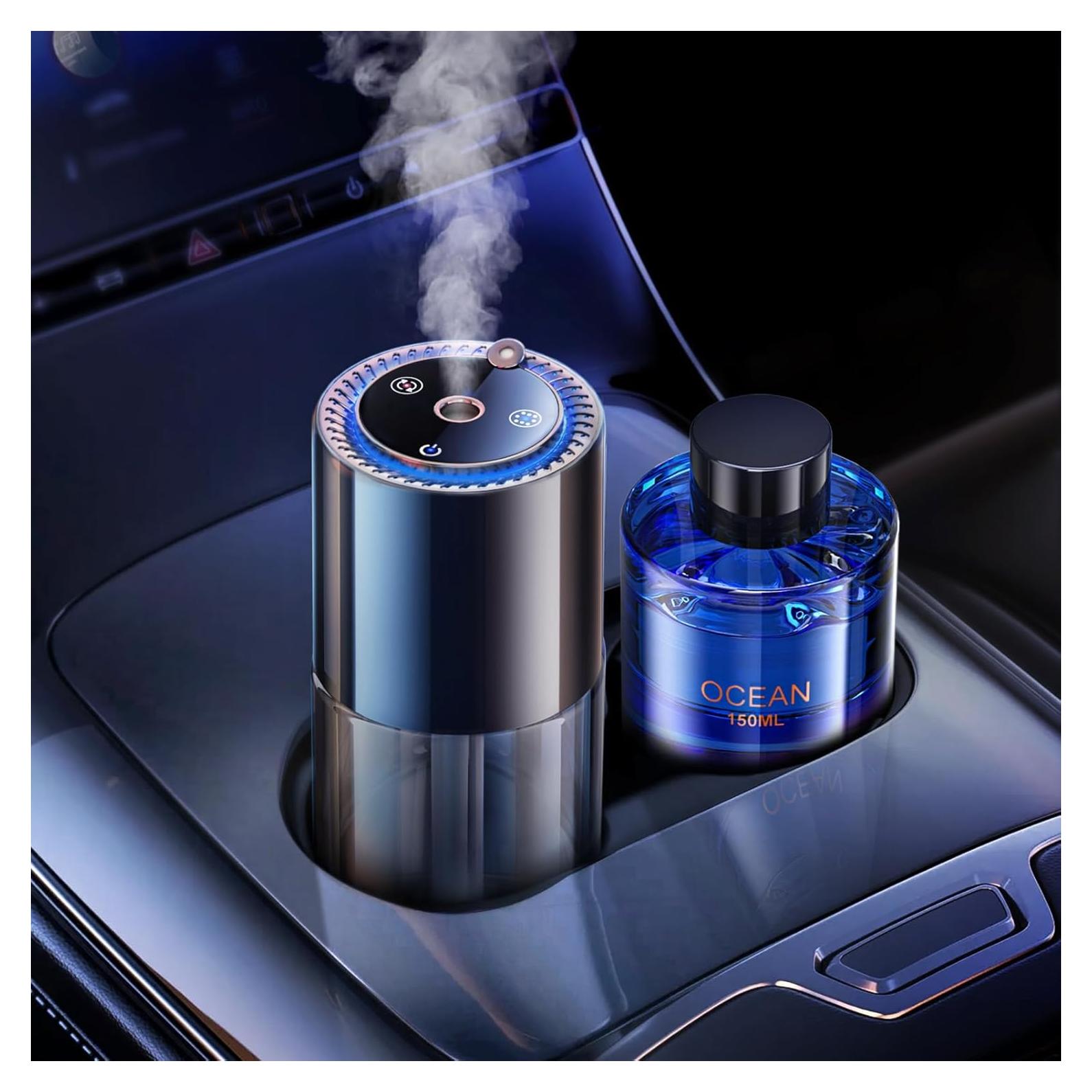 Smart Car Air Freshener, 150ML/Bottle Car Diffuser Essential Oil Set Last 5-6 Months, 3 Mode Adjustable Auto On/Off, Diffusers for Home, Small Space (Ocean)