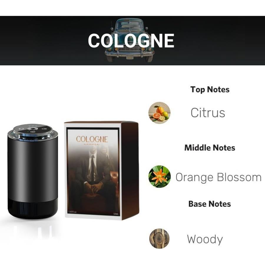 Cologne Car Air Freshener,Aroma Diffuser with Starry Sky Projection,Smart Humidifier with Essential Oil 50ml,Auto On/Off,Built-in Battery,7-LED Color/USB-C Car Fresheners for Auto,Home,Office