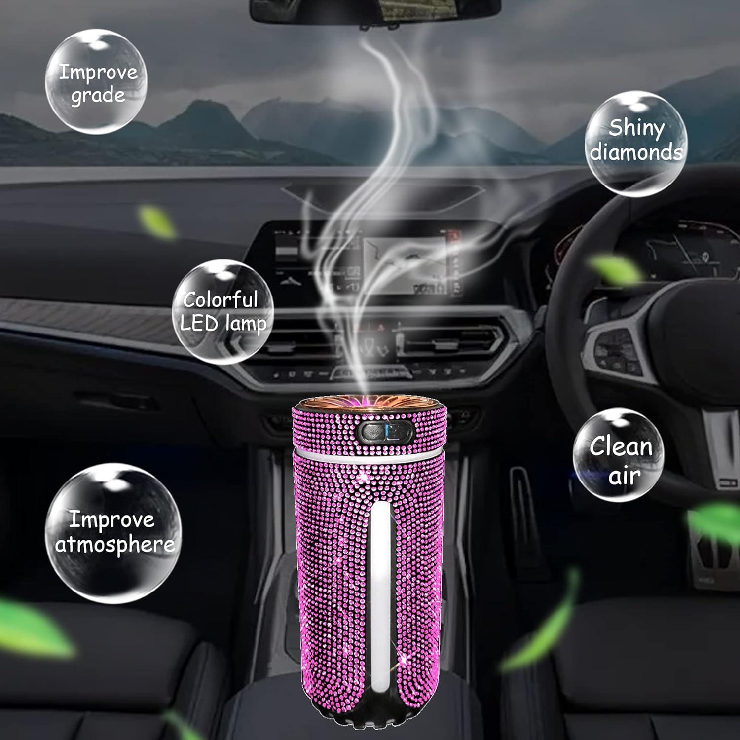 Bling Crystal Car Diffuser Humidifier, USB Aromatherapy Essential Oil Diffuser, 2 Mist Modes, Portable Mini Humidifier for Car, Office, Bedroom (Pink)