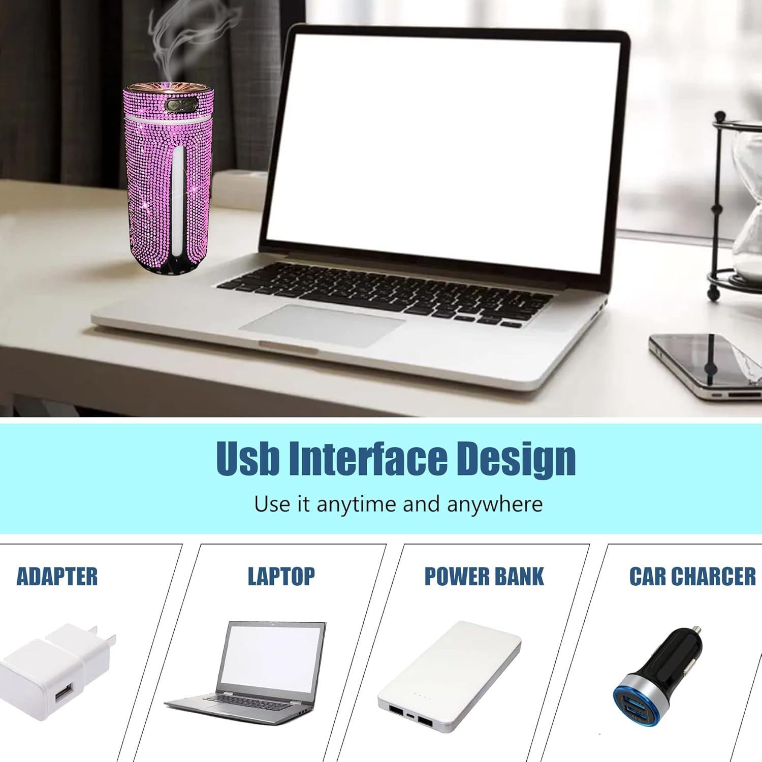 Bling Crystal Car Diffuser Humidifier, USB Aromatherapy Essential Oil Diffuser, 2 Mist Modes, Portable Mini Humidifier for Car, Office, Bedroom (Pink)