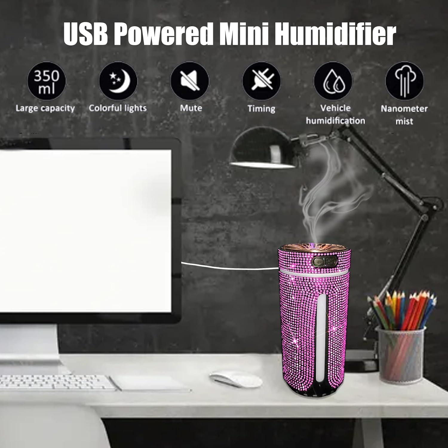 Bling Crystal Car Diffuser Humidifier, USB Aromatherapy Essential Oil Diffuser, 2 Mist Modes, Portable Mini Humidifier for Car, Office, Bedroom (Pink)