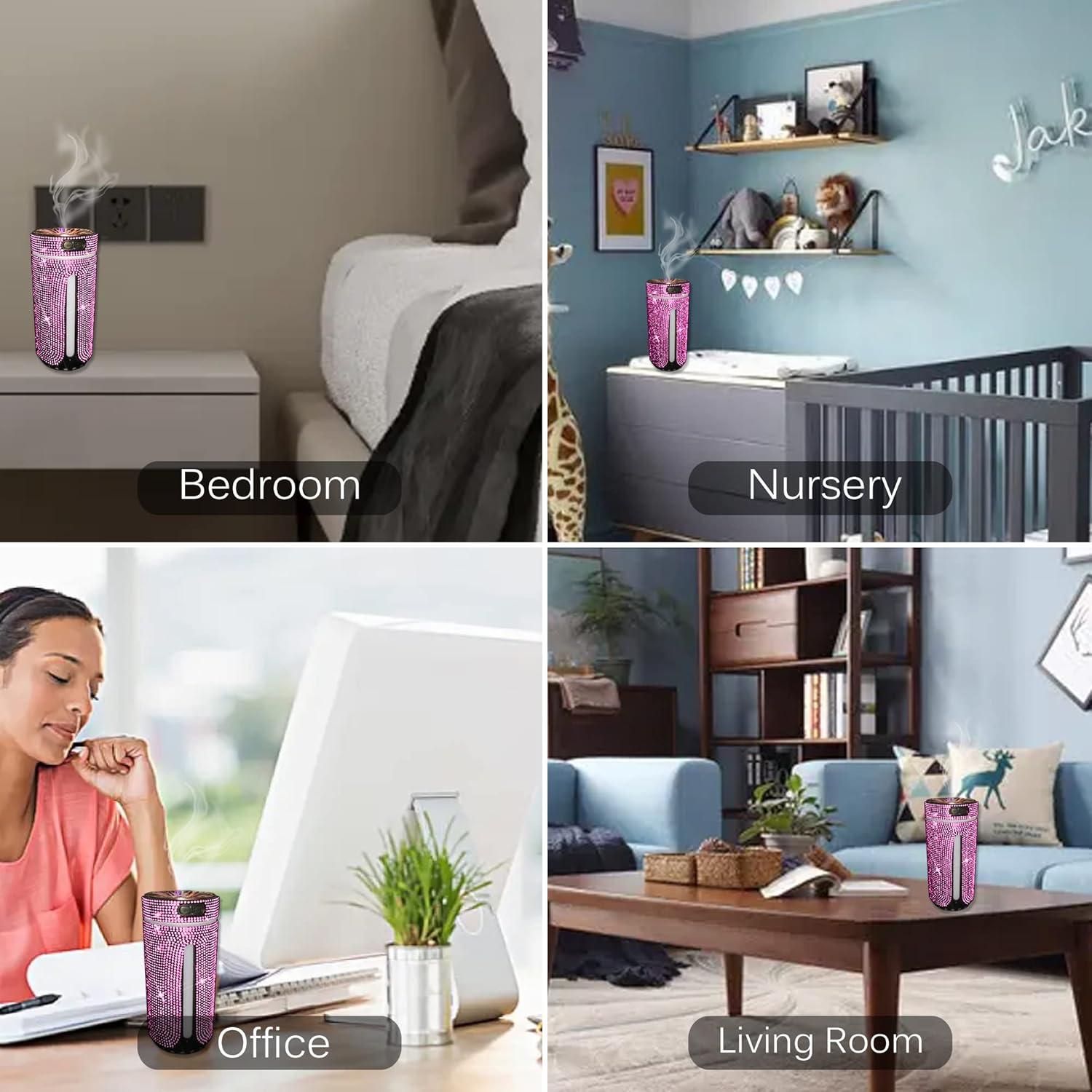 Bling Crystal Car Diffuser Humidifier, USB Aromatherapy Essential Oil Diffuser, 2 Mist Modes, Portable Mini Humidifier for Car, Office, Bedroom (Pink)