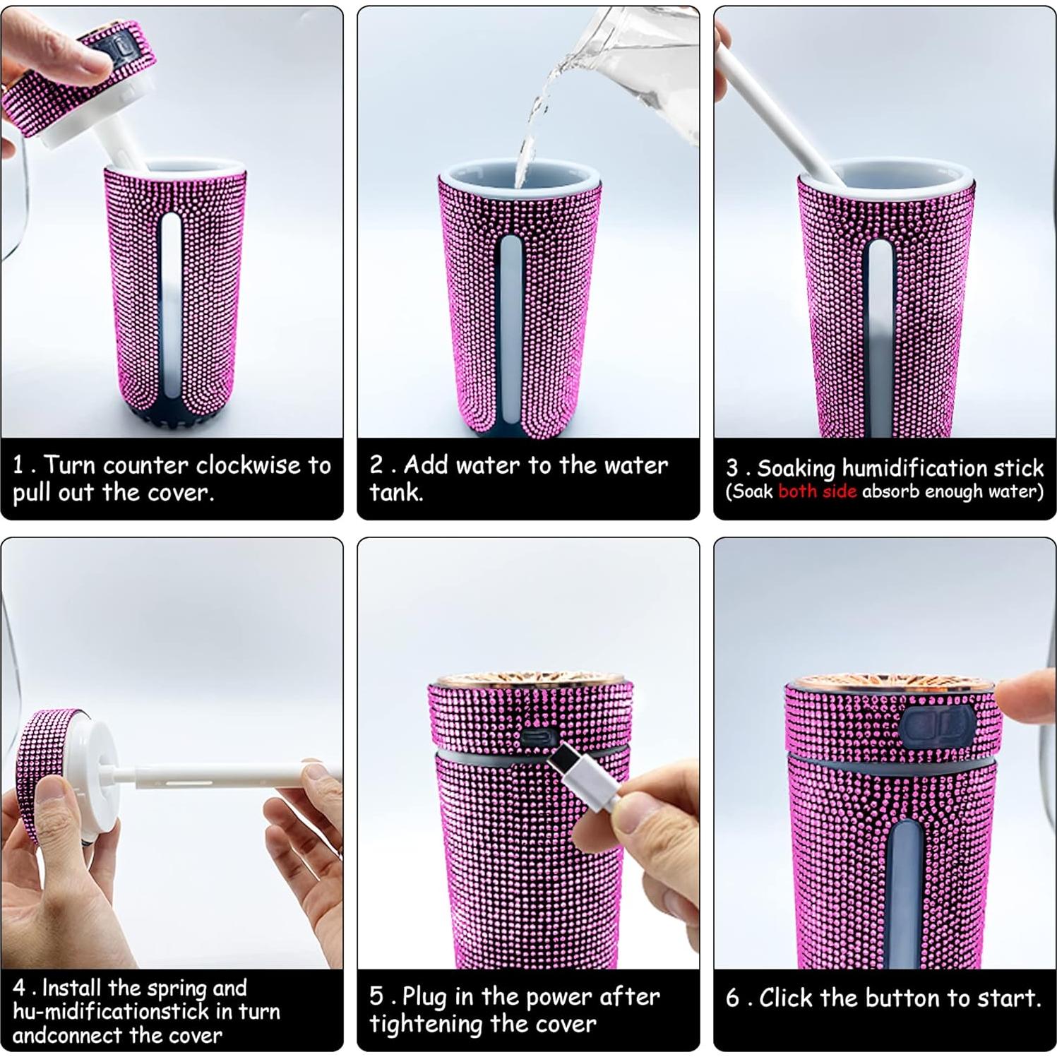 Bling Crystal Car Diffuser Humidifier, USB Aromatherapy Essential Oil Diffuser, 2 Mist Modes, Portable Mini Humidifier for Car, Office, Bedroom (Pink)