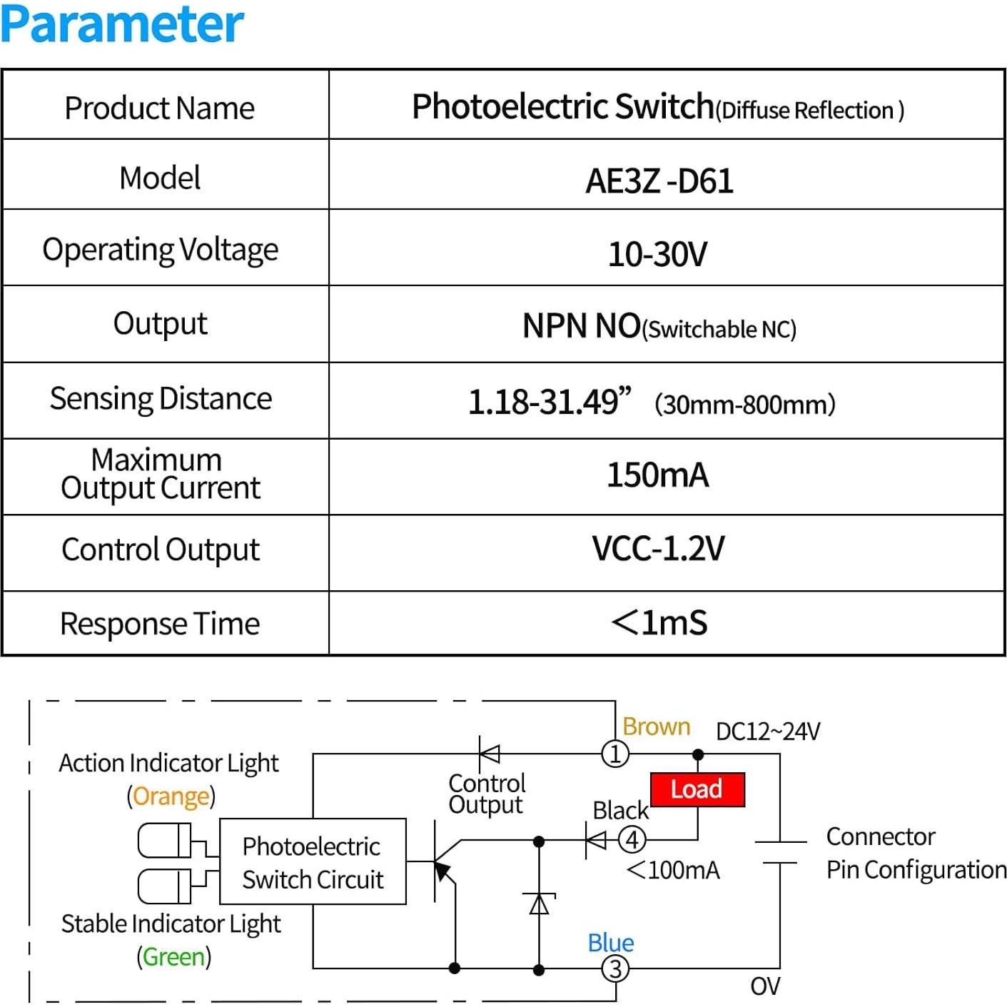 Sensor fotoeléctrico NPN NO+NC Aurtrr AE3Z-D61 80cm