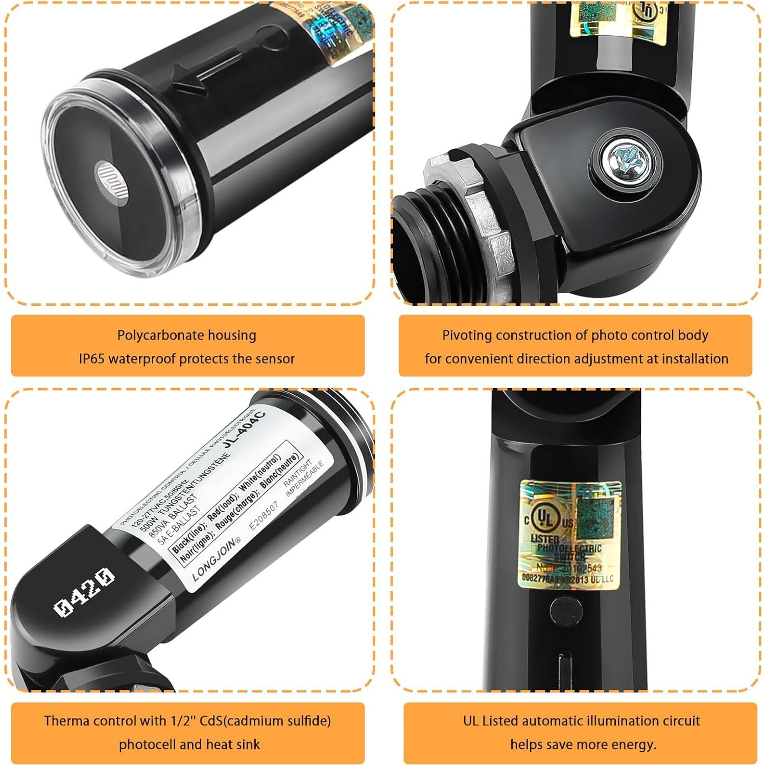 Paquete de 2 Sensores Fotoeléctricos YELLORE IP65 120-277V