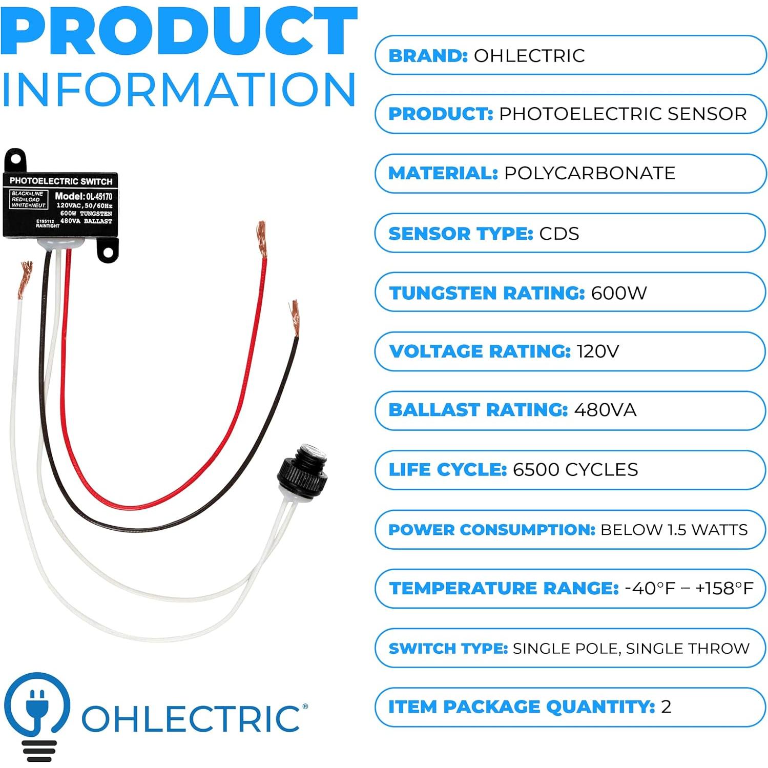 OhLectric Photoelectric Sensor - 120V Mini Flush Mount Photoelectric Switch - 600W Tungsten Rating - UL Listed & Weatherproof - Dusk to Dawn Photocell Sensor for Outdoor Lighting, Pack of 2 - OL-45170