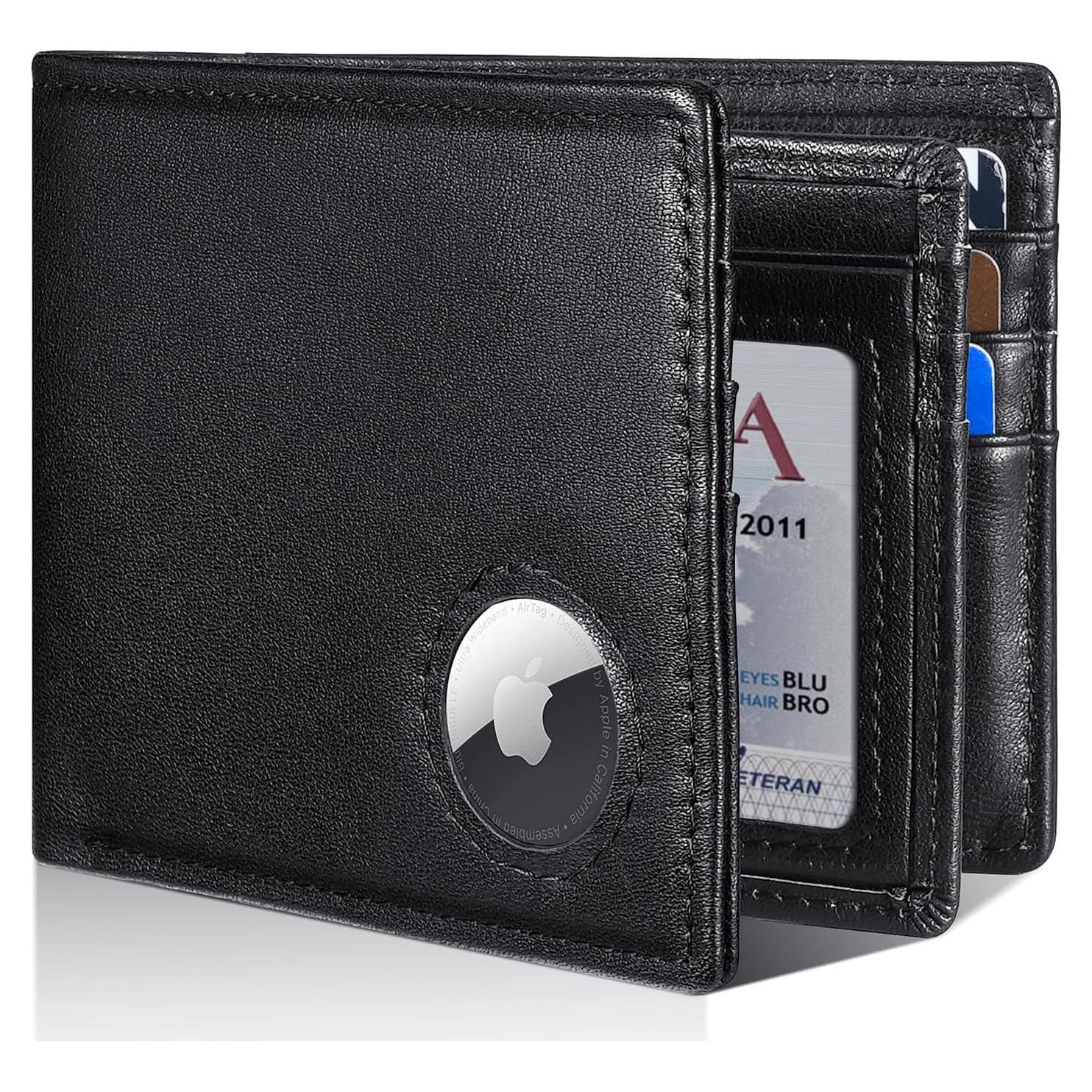 Billetera de cuero bifold para hombres con soporte AirTag y bloqueo RFID