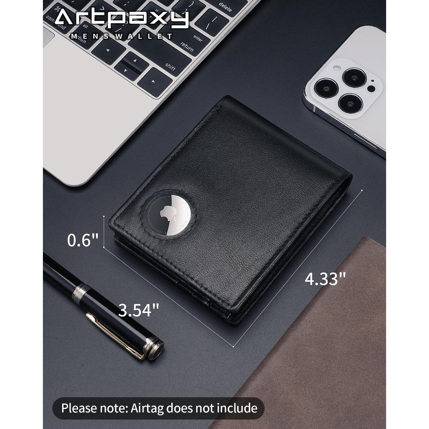 Billetera de cuero bifold para hombres con soporte AirTag y bloqueo RFID