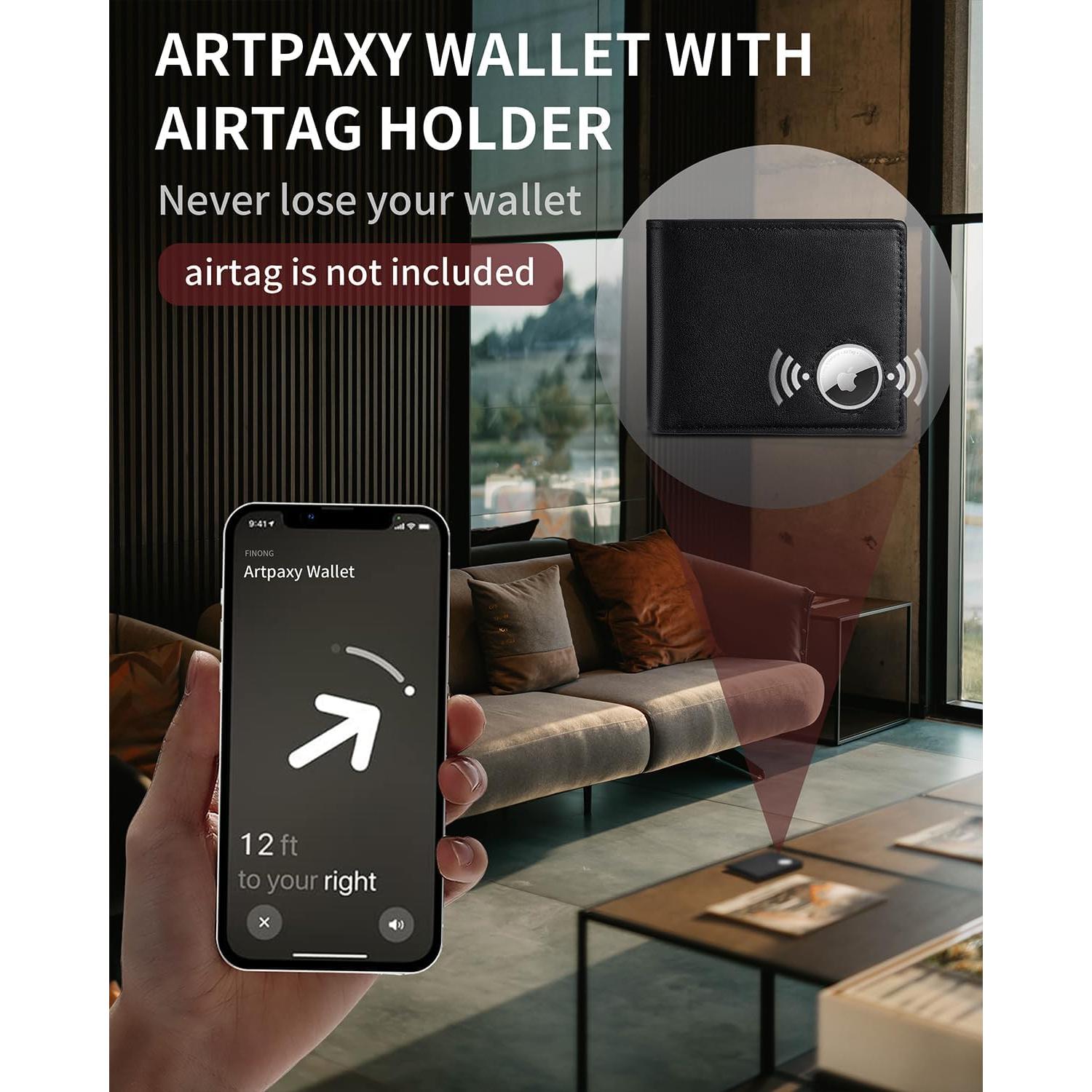 Billetera de cuero bifold para hombres con soporte AirTag y bloqueo RFID