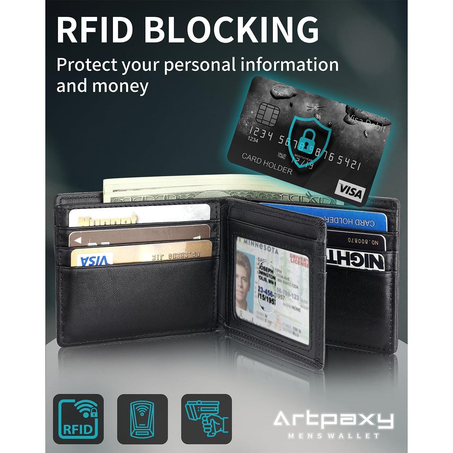 Billetera de cuero bifold para hombres con soporte AirTag y bloqueo RFID