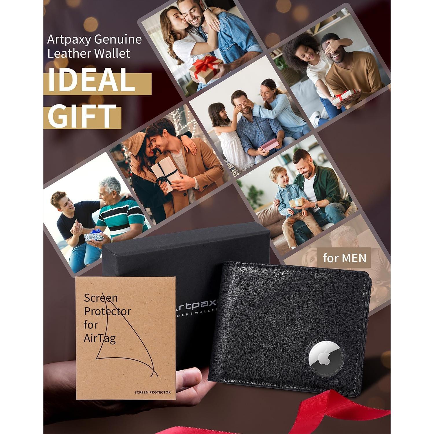 Billetera de cuero bifold para hombres con soporte AirTag y bloqueo RFID