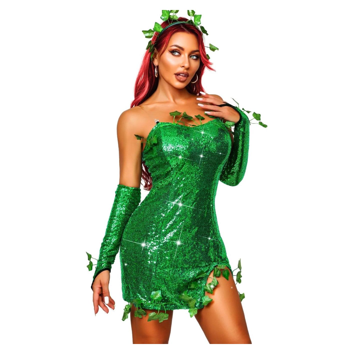 Disfraz Sexy de Elfo Verde 3Pcs para Mujeres - Vestido, Guantes y Diadema