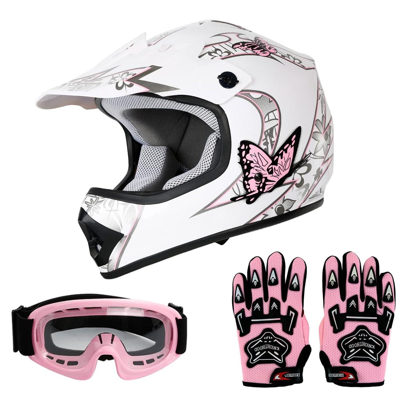 SLMOTO Casco Infantil Mariposa Rosa + Gafas y Guantes