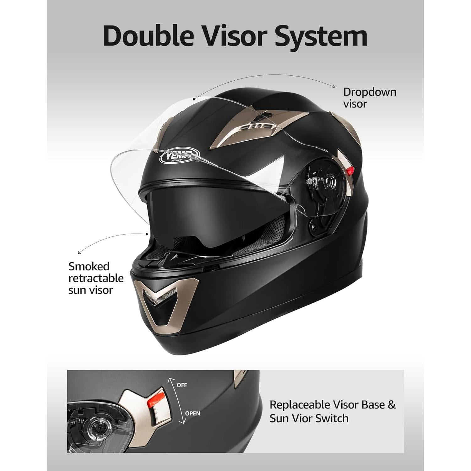 Casco Integral YEMA YM-829 Negro Mate Doble Visera