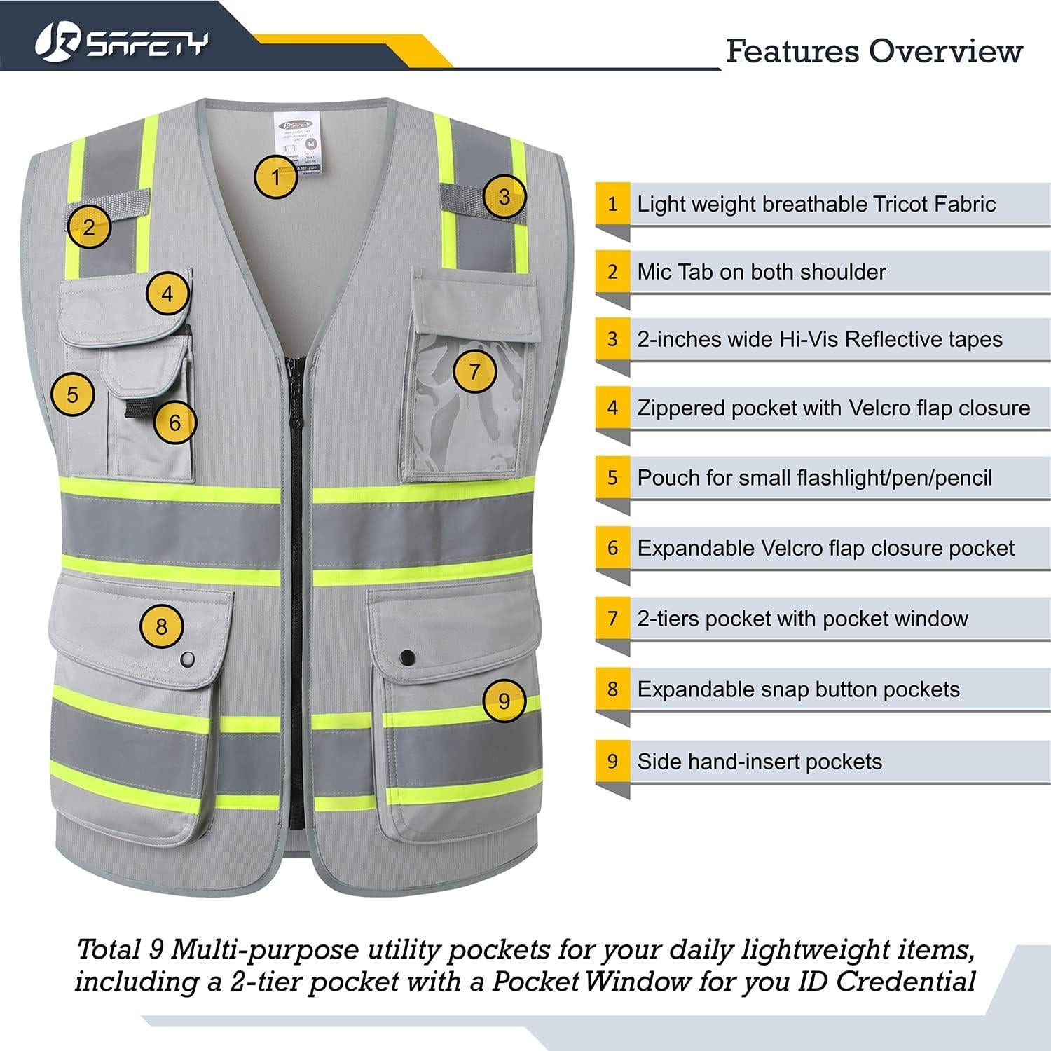 Chaleco de Seguridad JKSafety Hi-Vis 9 Bolsillos XL Gris