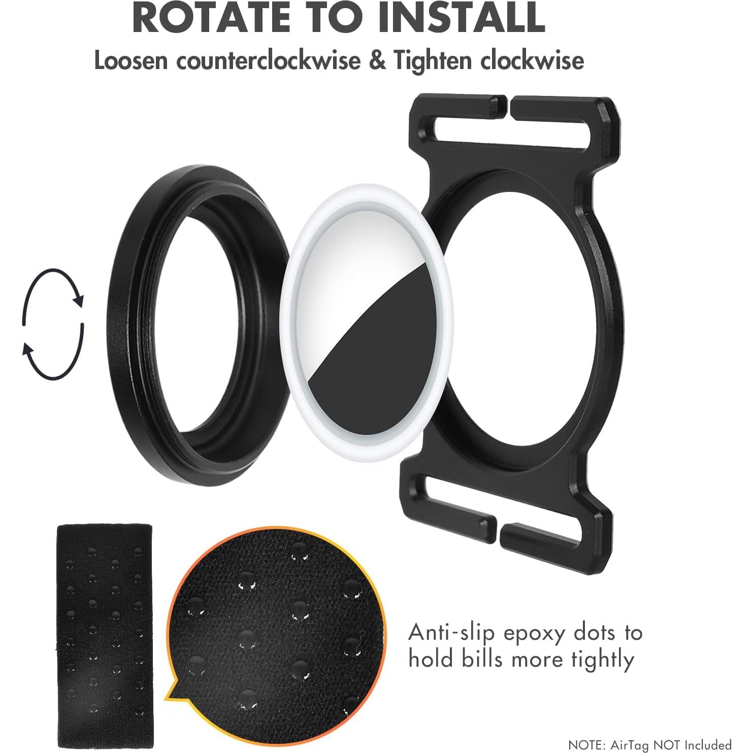 Metal AirTag Holder for Slim Wallet - Full Set with Rotating Installation & Cash Strap | Matte Black Secure Case | Premium AirTag Accessories