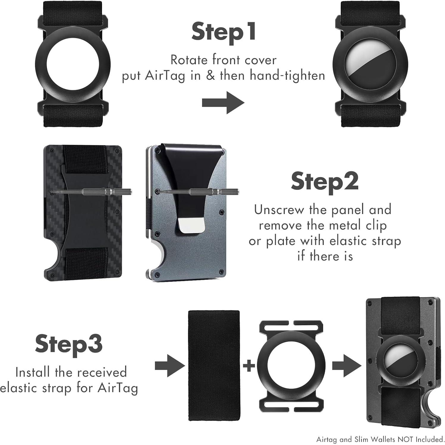 Metal AirTag Holder for Slim Wallet - Full Set with Rotating Installation & Cash Strap | Matte Black Secure Case | Premium AirTag Accessories