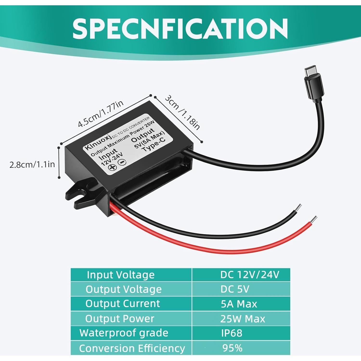 Convertidor DC 12V/24V a 5V USB C Klnuoxj 5A 25W IP68