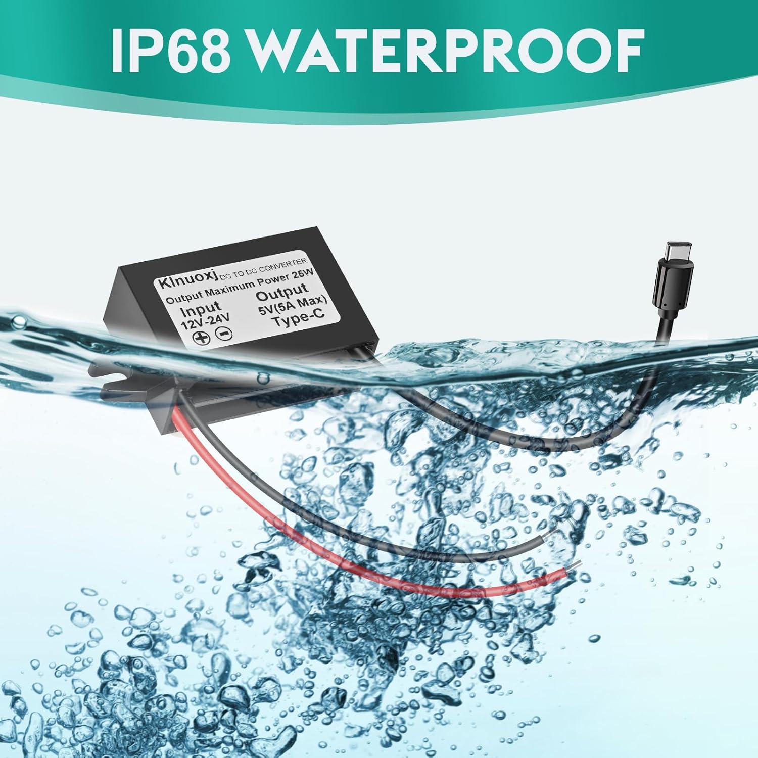 Convertidor DC 12V/24V a 5V USB C Klnuoxj 5A 25W IP68