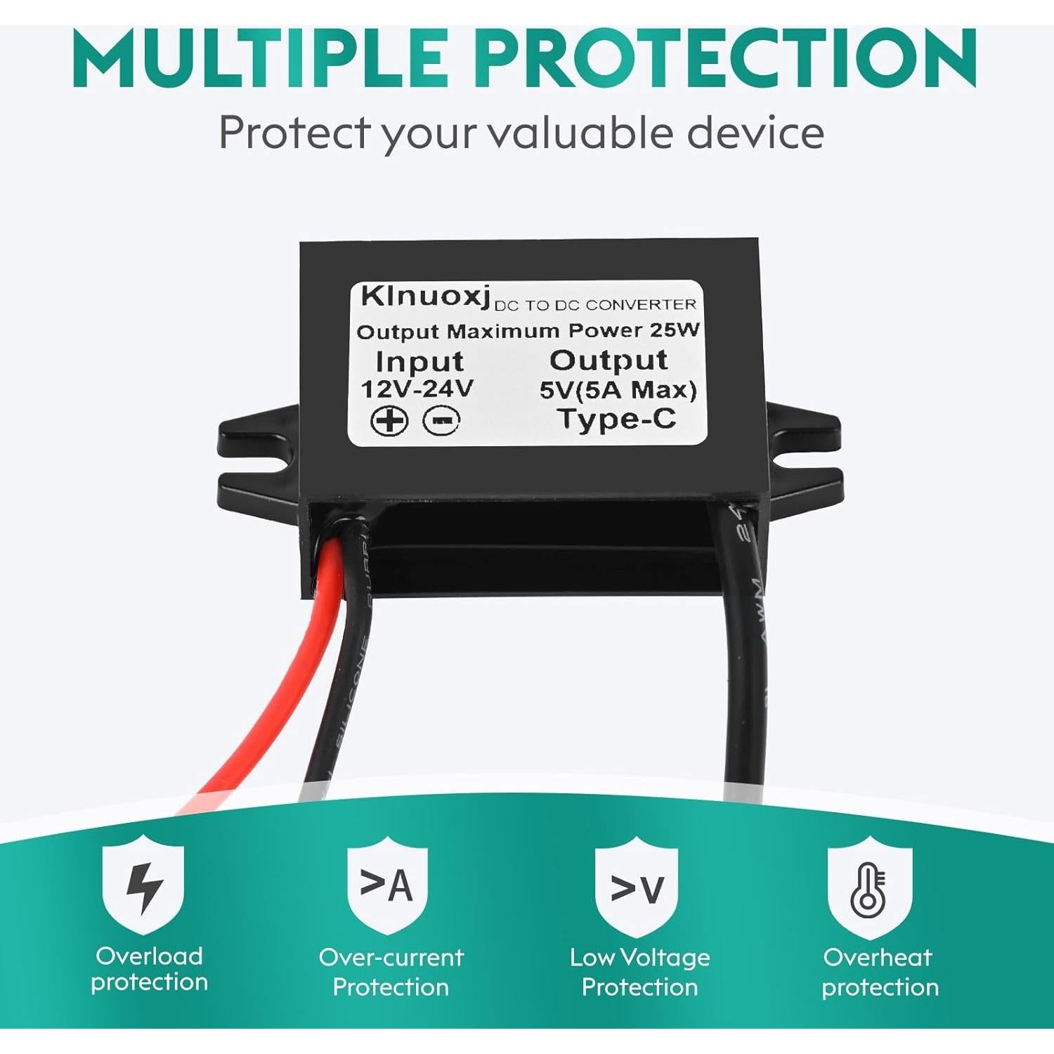 Convertidor DC 12V/24V a 5V USB C Klnuoxj 5A 25W IP68