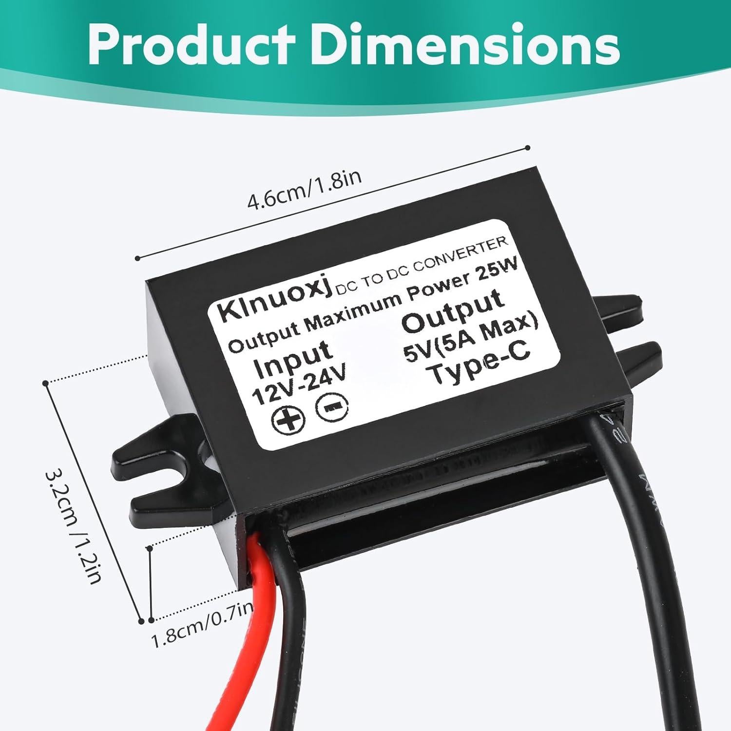 Convertidor DC 12V/24V a 5V USB C Klnuoxj 5A 25W IP68