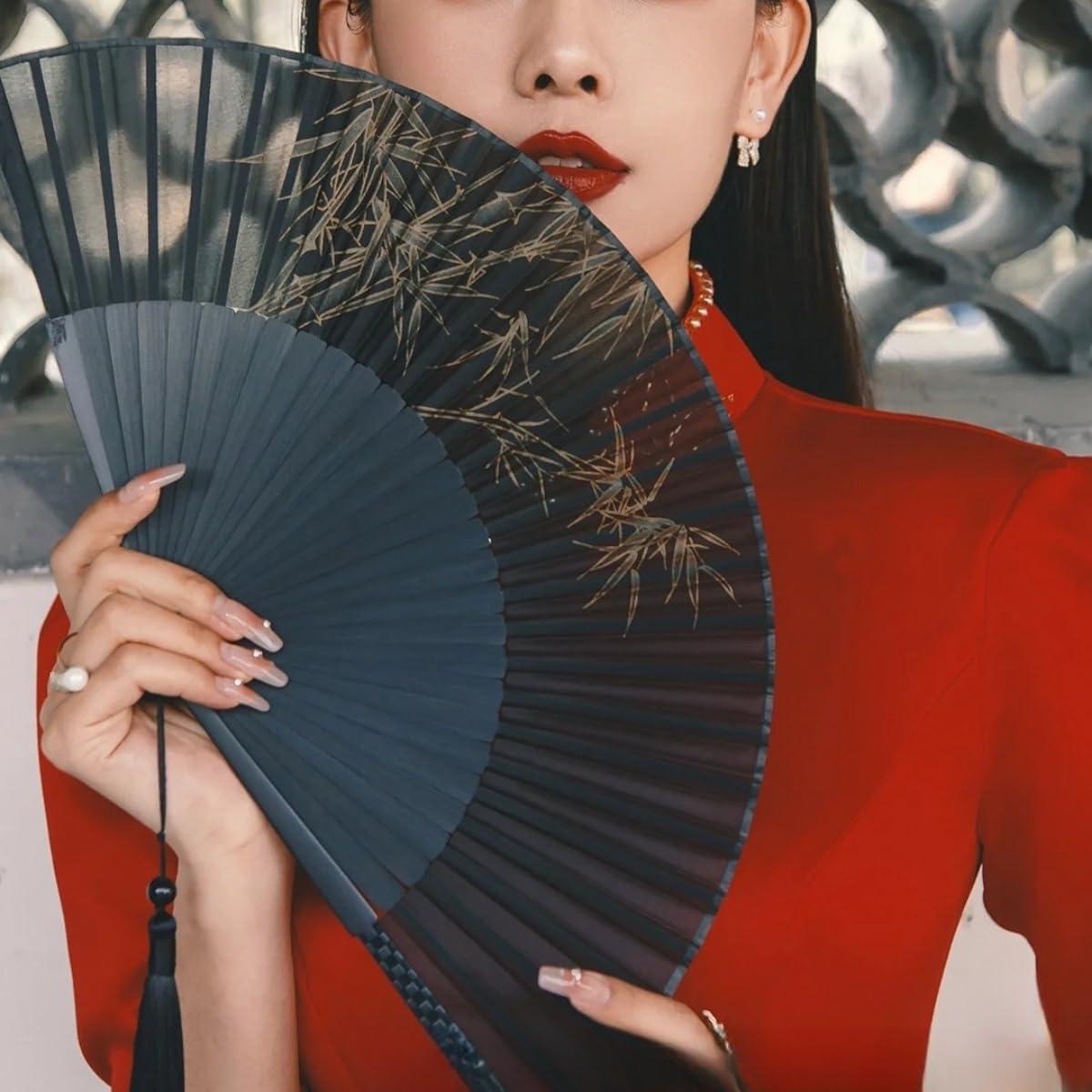 Abanico Plegable de Mano Sarkovos de Seda y Bambú 22cm Negro