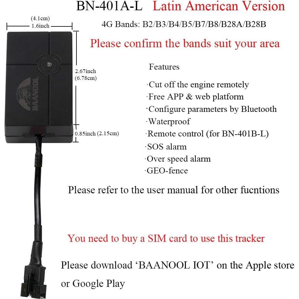 Rastreador GPS 4G BAANOOL BN-401A-L Vehículos Latinoamérica
