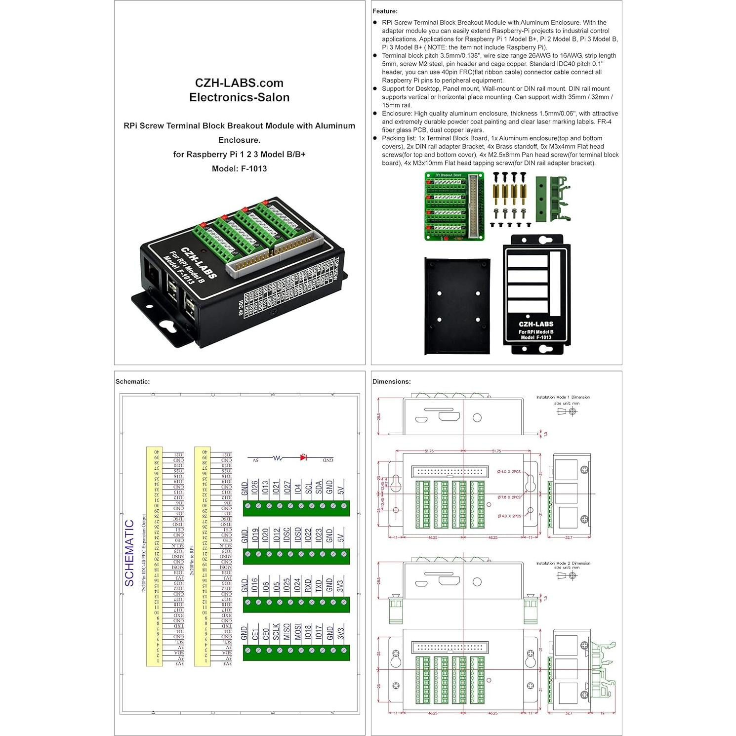 Módulo de Bloque de Terminales RPi con Caja de Aluminio para Raspberry Pi 1 2 3 B B+