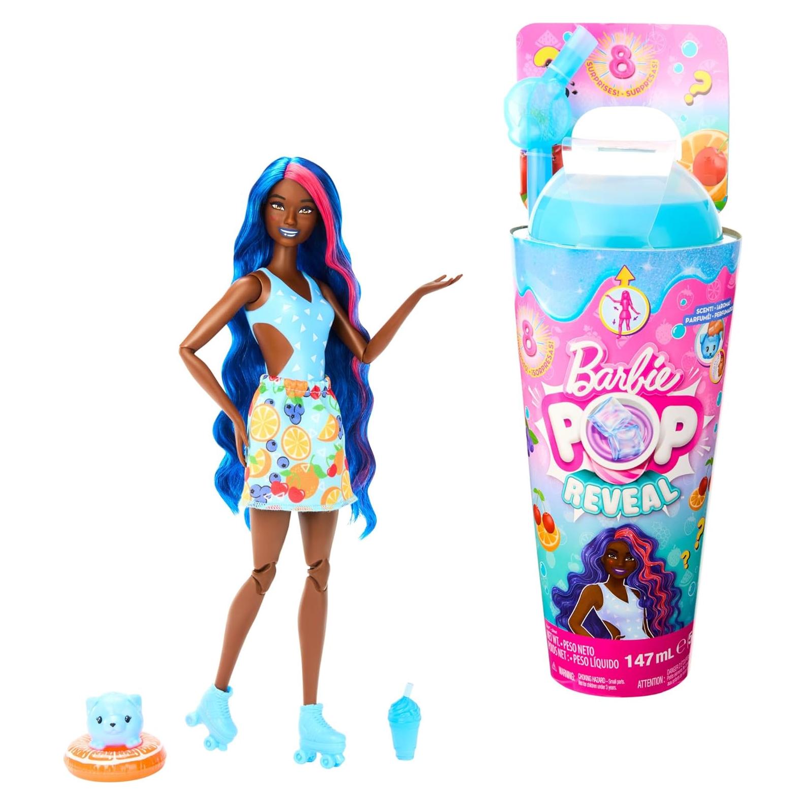 Barbie Pop Reveal Doll & Accessories, Fruit Punch Scent with Blue Hair, 8 Surprises Include Slime, Color Change & Puppy