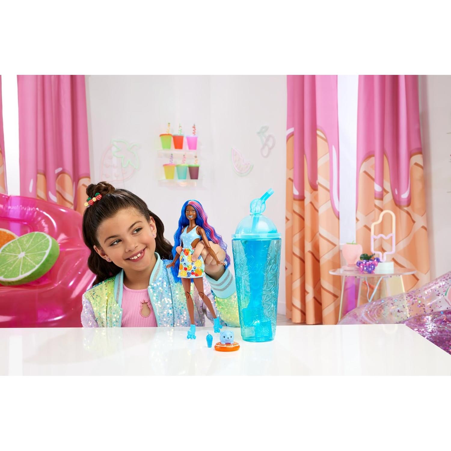 Barbie Pop Reveal Doll & Accessories, Fruit Punch Scent with Blue Hair, 8 Surprises Include Slime, Color Change & Puppy