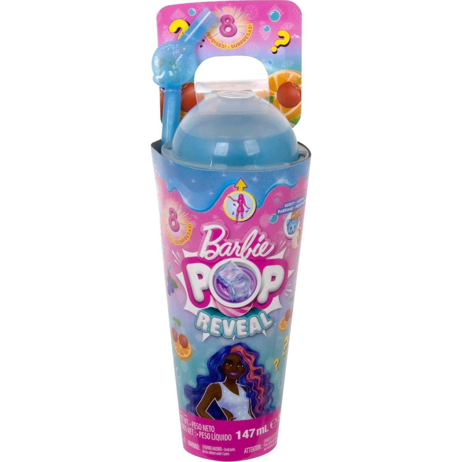 Barbie Pop Reveal Doll & Accessories, Fruit Punch Scent with Blue Hair, 8 Surprises Include Slime, Color Change & Puppy