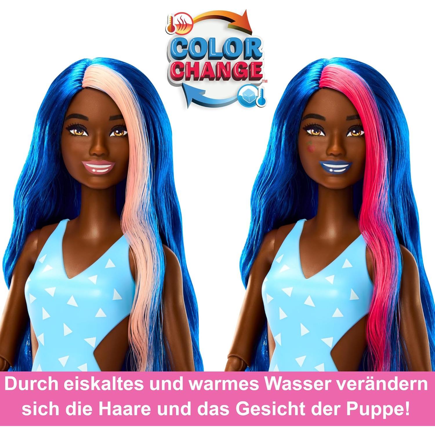 Barbie Pop Reveal Doll & Accessories, Fruit Punch Scent with Blue Hair, 8 Surprises Include Slime, Color Change & Puppy