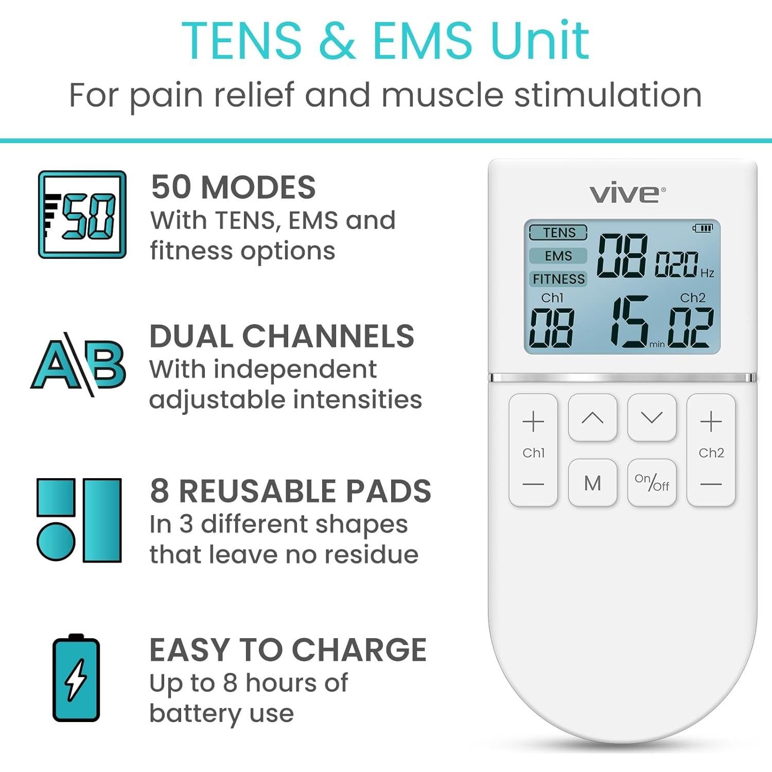 Máquina TENS Vive 50 Modos Alivio Dolor EMS Recargable